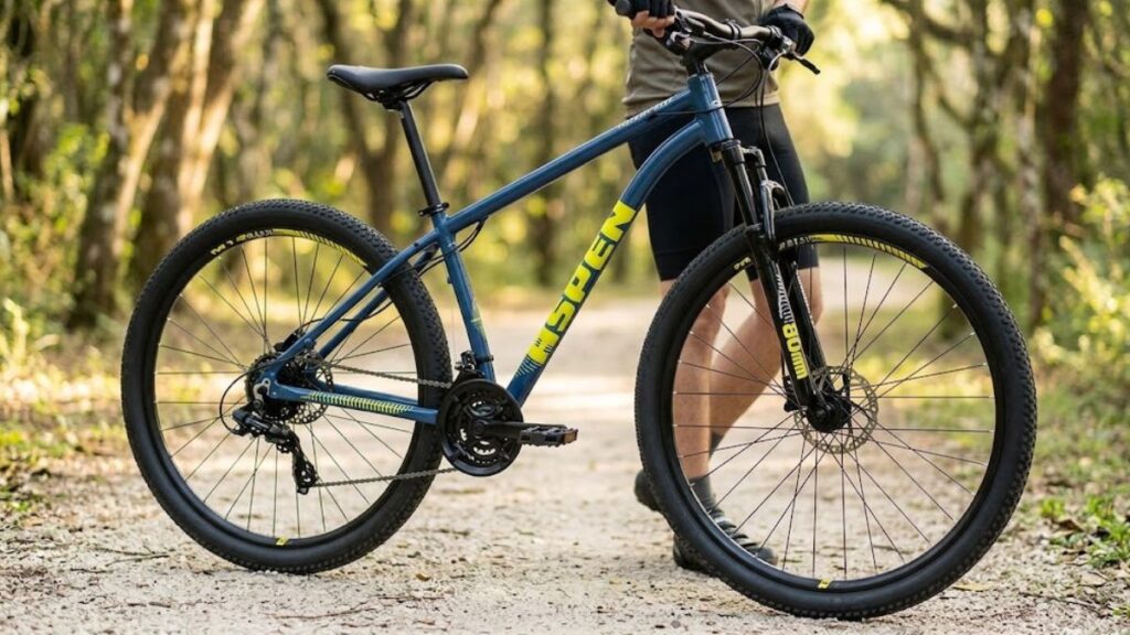 Ciclista pedalando a Bicicleta Caloi Aspen Aro 29 24V azul em uma trilha leve cercada por vegetação.