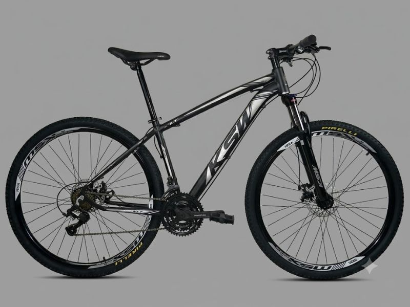 Bicicleta KSW XLT Color Aro 29 24V entre as melhores bicicletas aro 29, com quadro preto, suspensão dianteira e freios a disco.