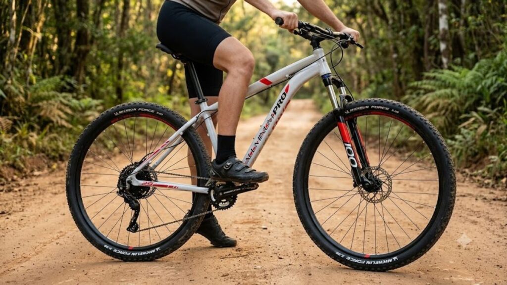 Bicicleta Caloi Aluminum Pro Aro 29 20V é boa para trilhas leves, mostrada em destaque durante percurso por estrada de terra.