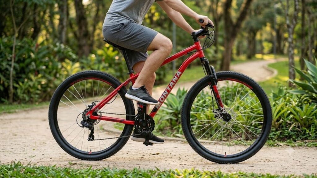 Bicicleta Caloi Montana Aro 29 21V é boa para iniciantes, mostrada em destaque durante passeio por estrada de terra.