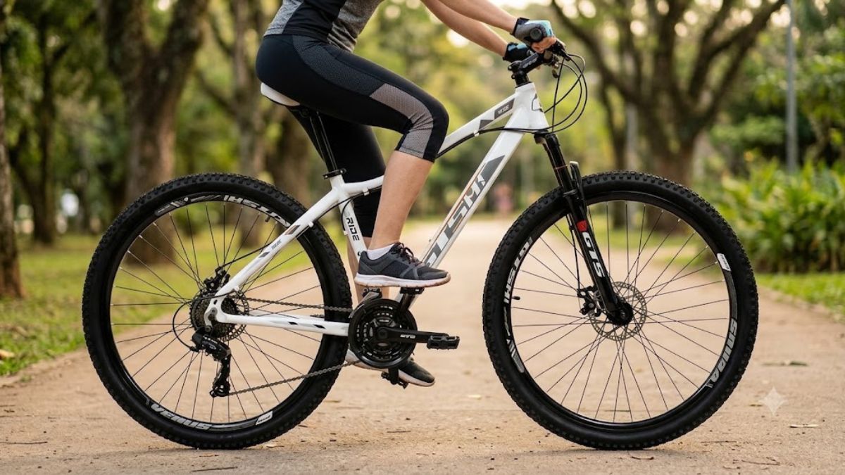 Bicicleta GTS M1 Ride Feminina Aro 29 24V em destaque durante passeio por uma ciclovia cercada por vegetação.
