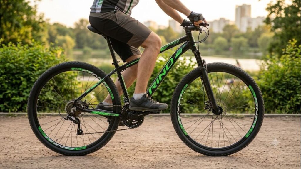 Bicicleta Rino Start RX 1.4 Aro 29 24V preta com detalhes verdes em destaque durante passeio por estrada de terra leve.