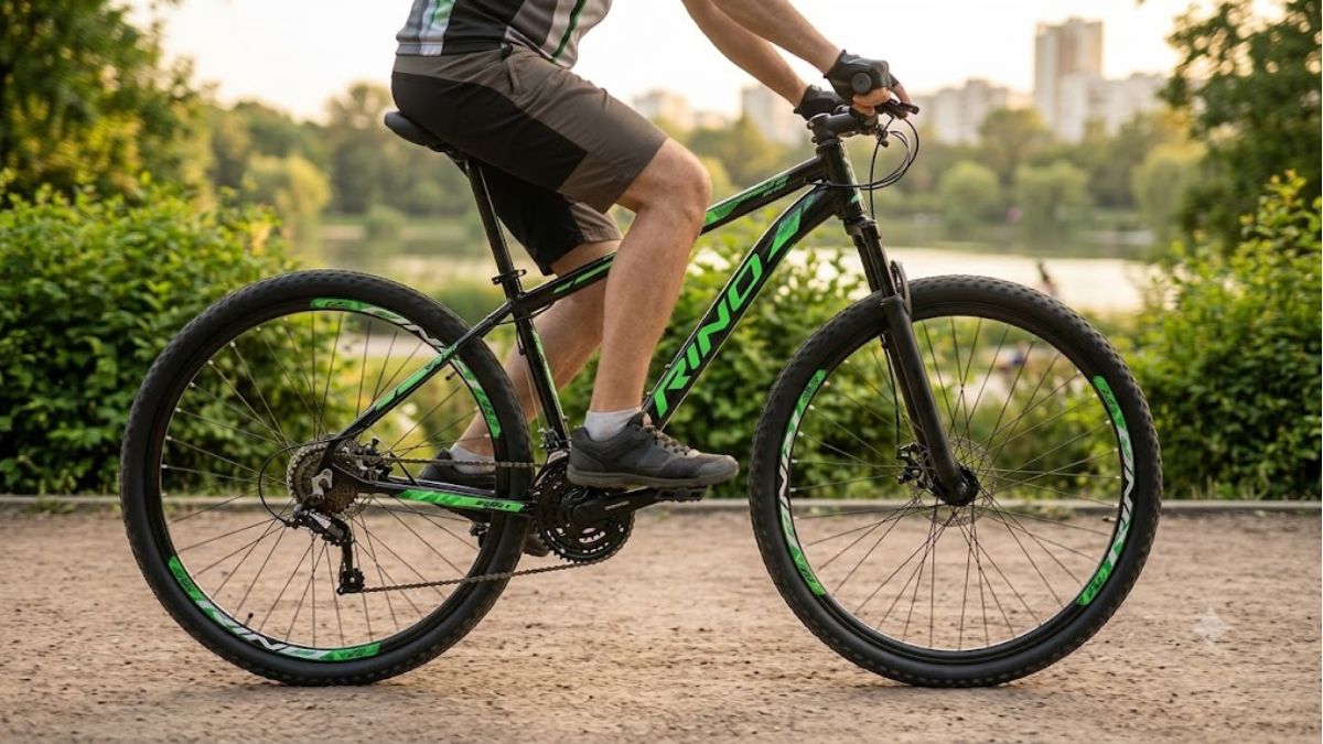 Bicicleta Rino Start RX 1.4 Aro 29 24V preta com detalhes verdes em destaque durante passeio por estrada de terra leve.