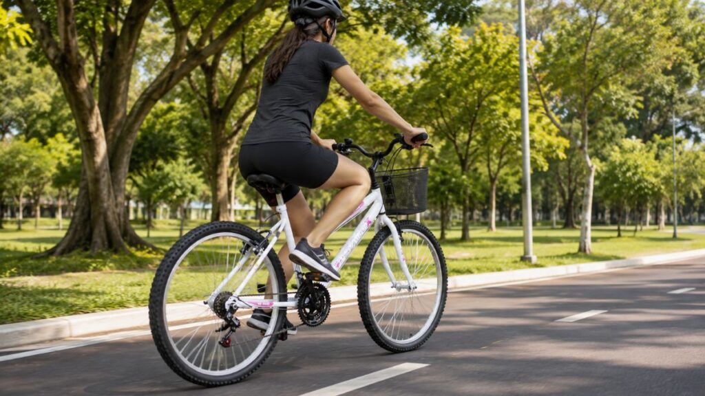 Bicicleta Saidx Feminina Aro 26 18V é boa para adultas durante passeios em ciclovias e parques urbanos.