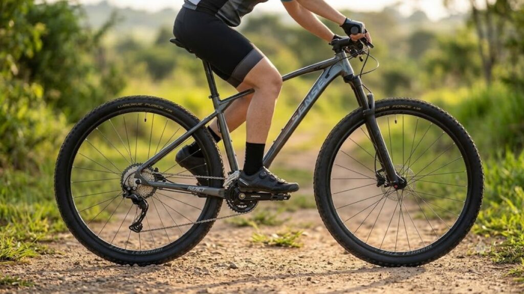Bicicleta Sense React Sport Aro 29 16V é boa para estradões e trilhas recreativas, mostrada em destaque durante percurso em ambiente natural.