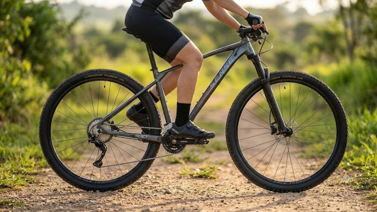Bicicleta Sense React Sport Aro 29 16V é boa para estradões e trilhas recreativas, mostrada em destaque durante percurso em ambiente natural.