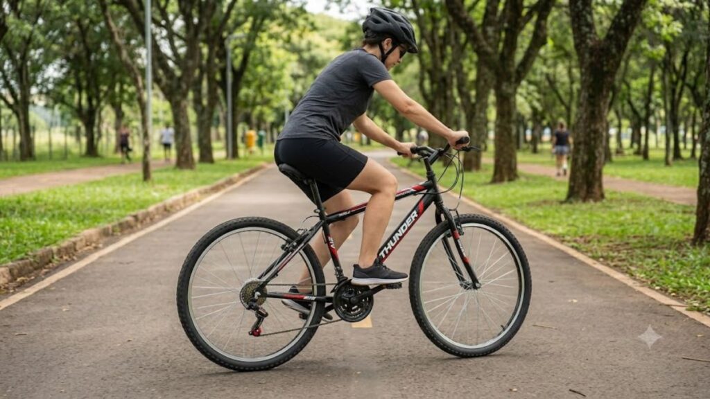 Bicicleta Track & Bikes Thunder P Aro 26 21V é boa para adultos durante passeios em ciclovias e parques urbanos.