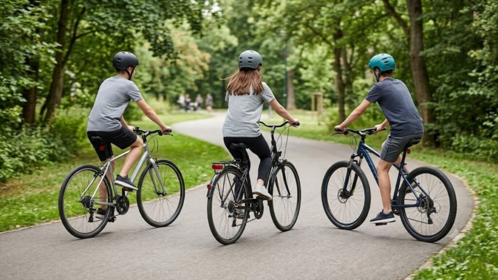 Melhores bicicletas aro 26 usadas por adolescentes durante passeio em uma ciclovia arborizada.