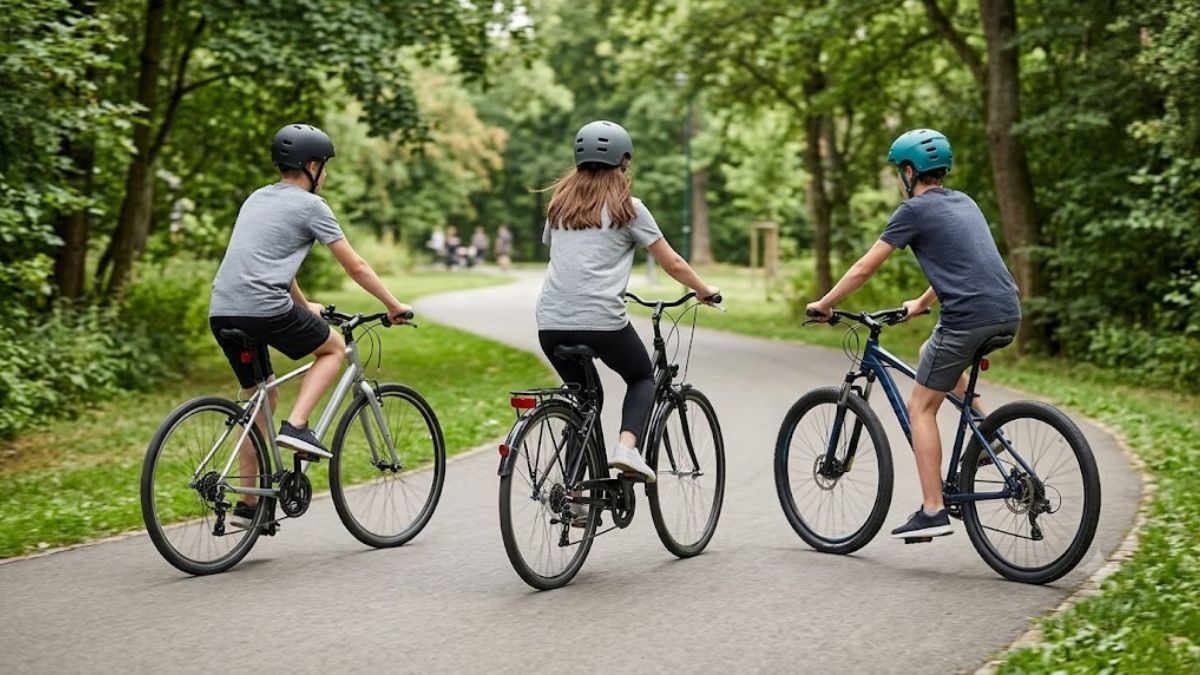 Melhores bicicletas aro 26 usadas por adolescentes durante passeio em uma ciclovia arborizada.