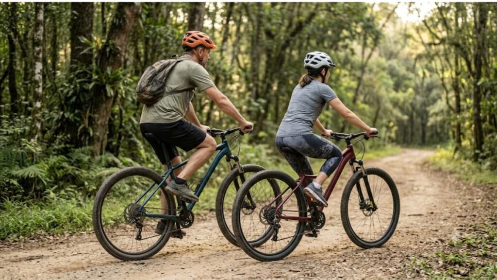 Casal pedalando em bicicletas aro 29 por uma estrada de terra cercada por árvores.